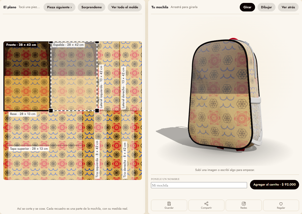 El editor: el plano de la mochila a la izquierda y la mochila en 3D a la derecha